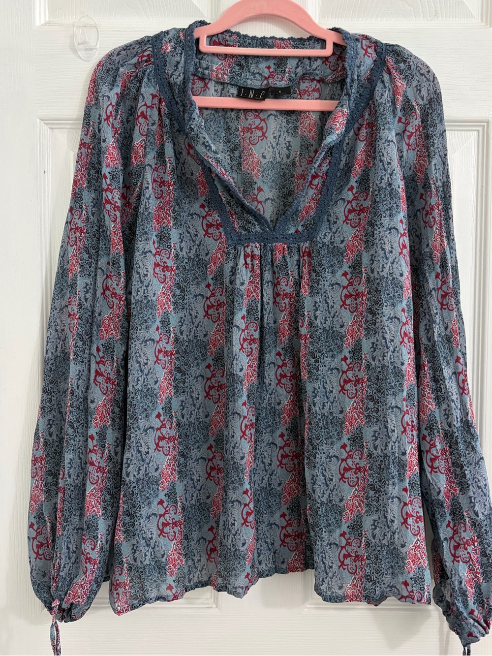 INC International Concepts Blue and Red Printed Peasant Blouse. Size 6